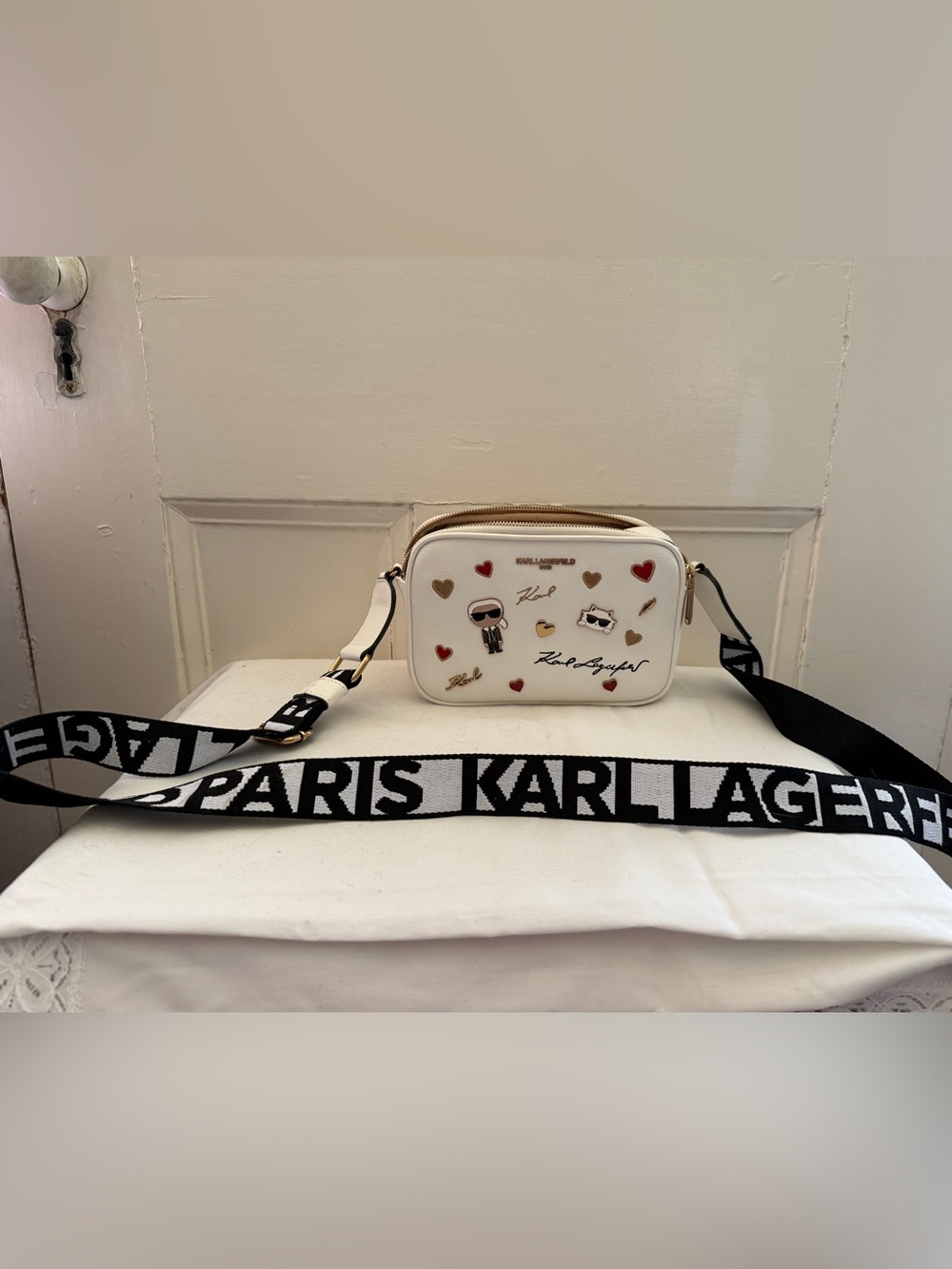 Karl Lagerfeld White Crossbody Bag with Black Logo Strap
